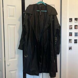 Black Faux Leather Drop Arm Midi Trench Coat w/ Belt (Plus 18)